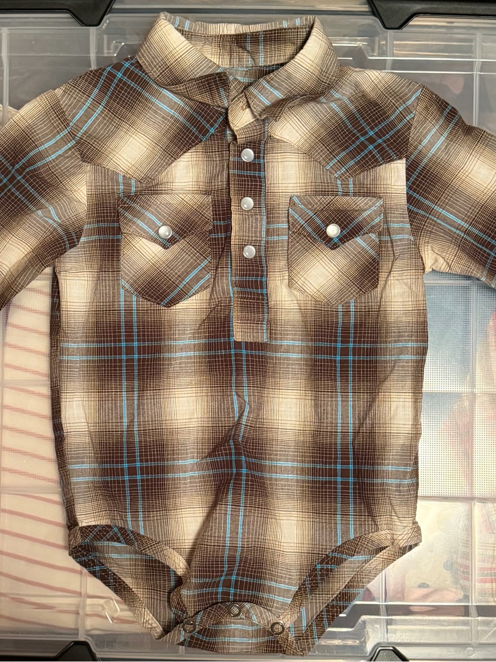 Wrangler Brown & Light Blue Plaid Snap-Front Baby Onesie